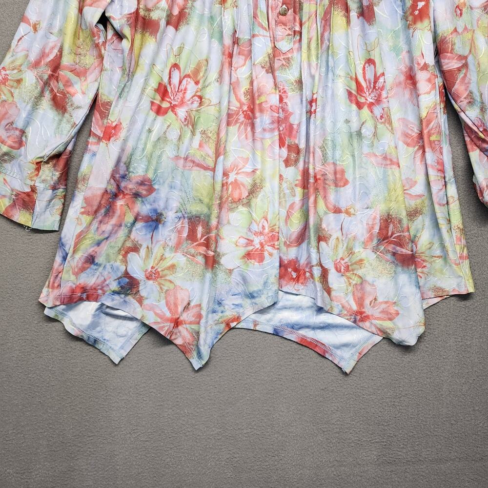 Cocomo Woman Top 3X Floral Popover 3/4 Roll Tab Sleeve Assymetric Hem Stretch - Picture 7 of 10